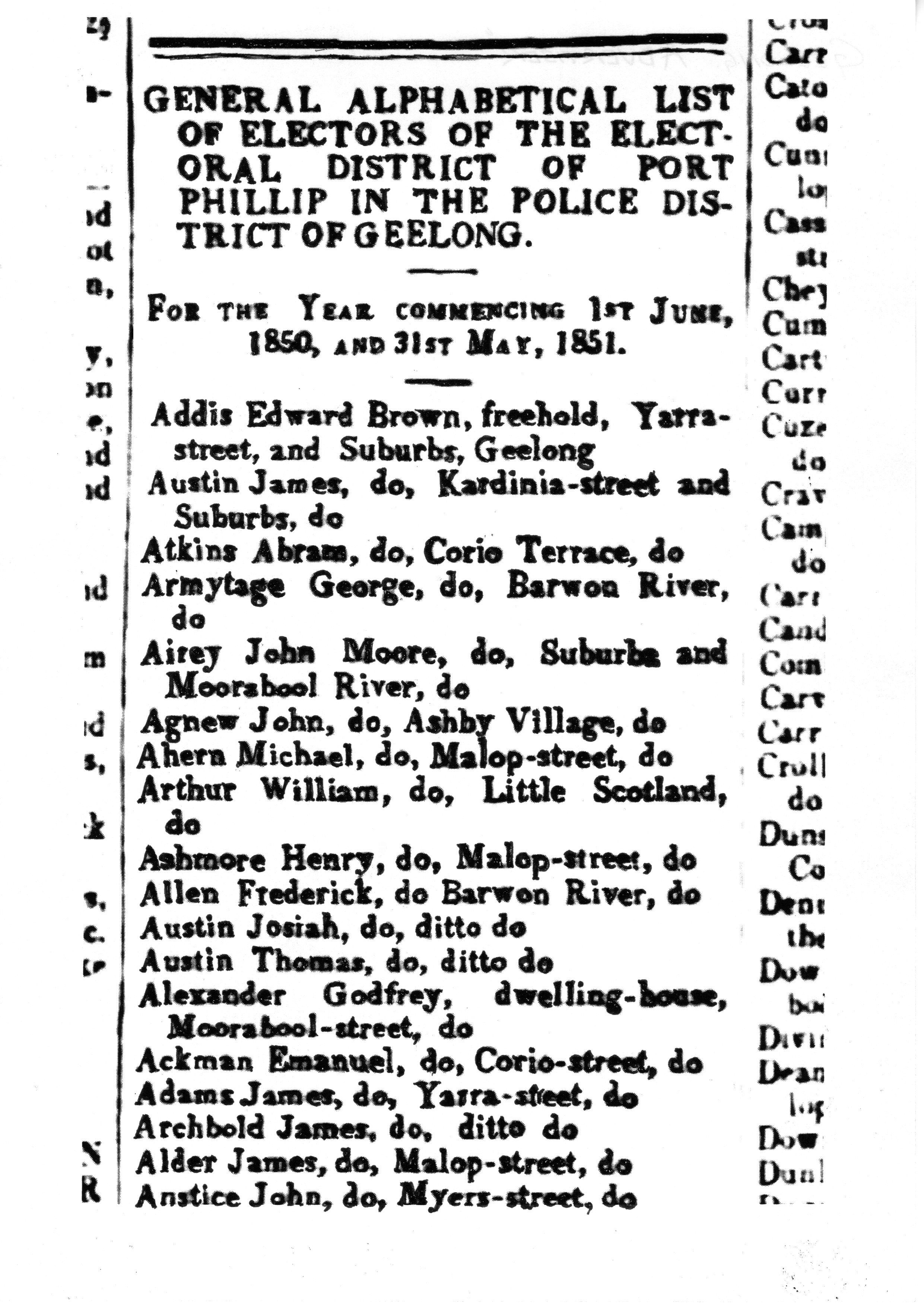 [1850 Electoral Roll of Geelong]